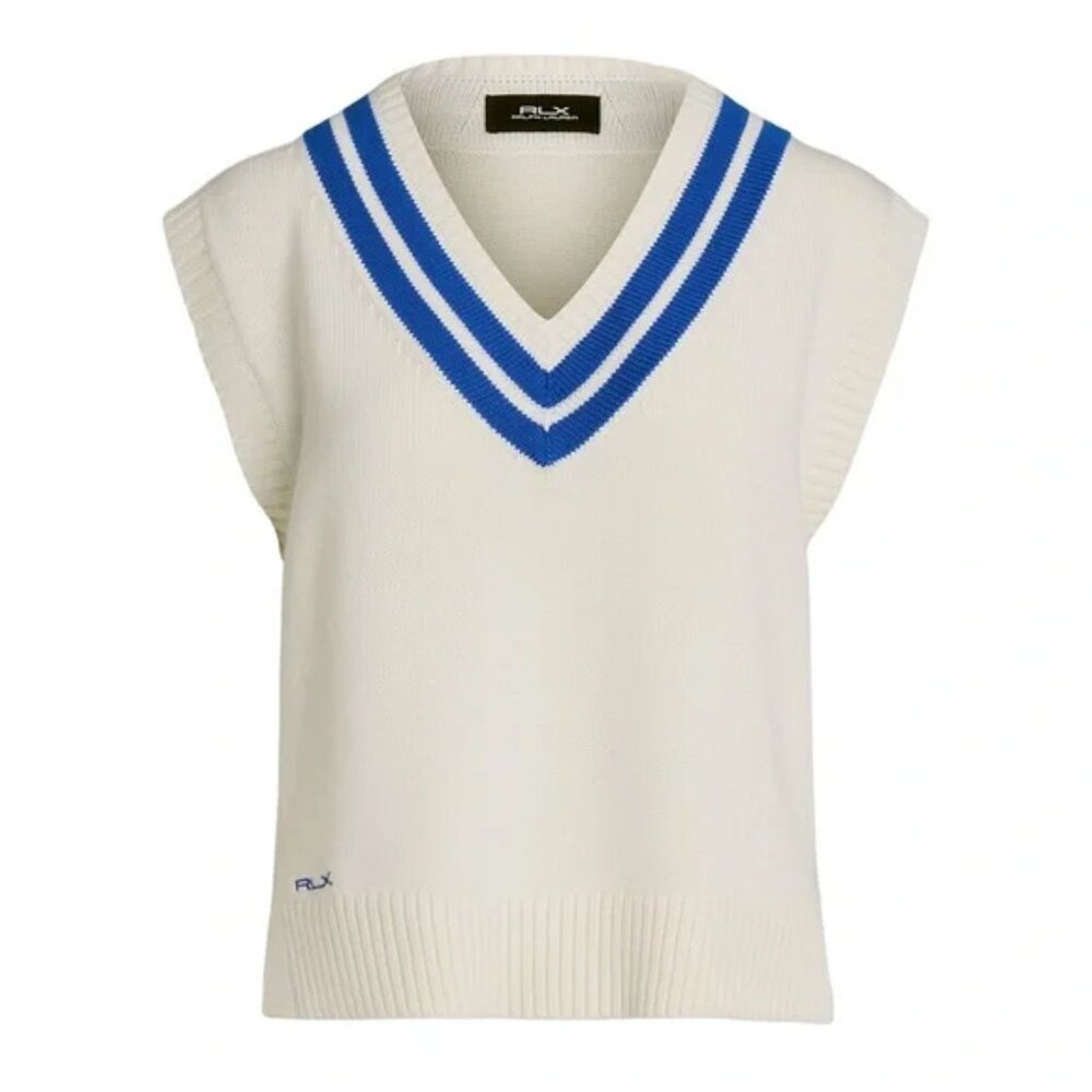 RLX Ralph Lauren Cream V-Neck Sweater Vest with Blue Trim